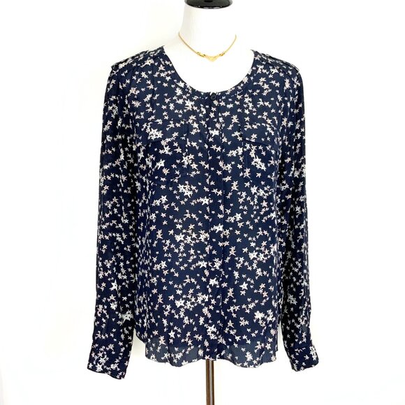 Rebecca Minkoff Silk Star Print Navy Blouse Career Size L - Picture 2 of 16